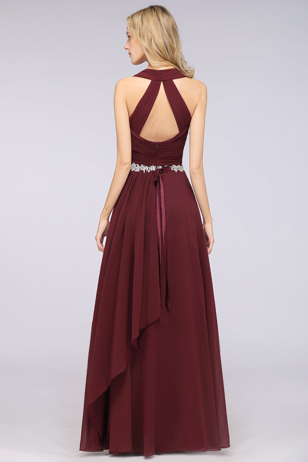 Elegant Chiffon Halter V-Neck Ruffle Bridesmaid Dress with Appliques Sashes-Babyonlines