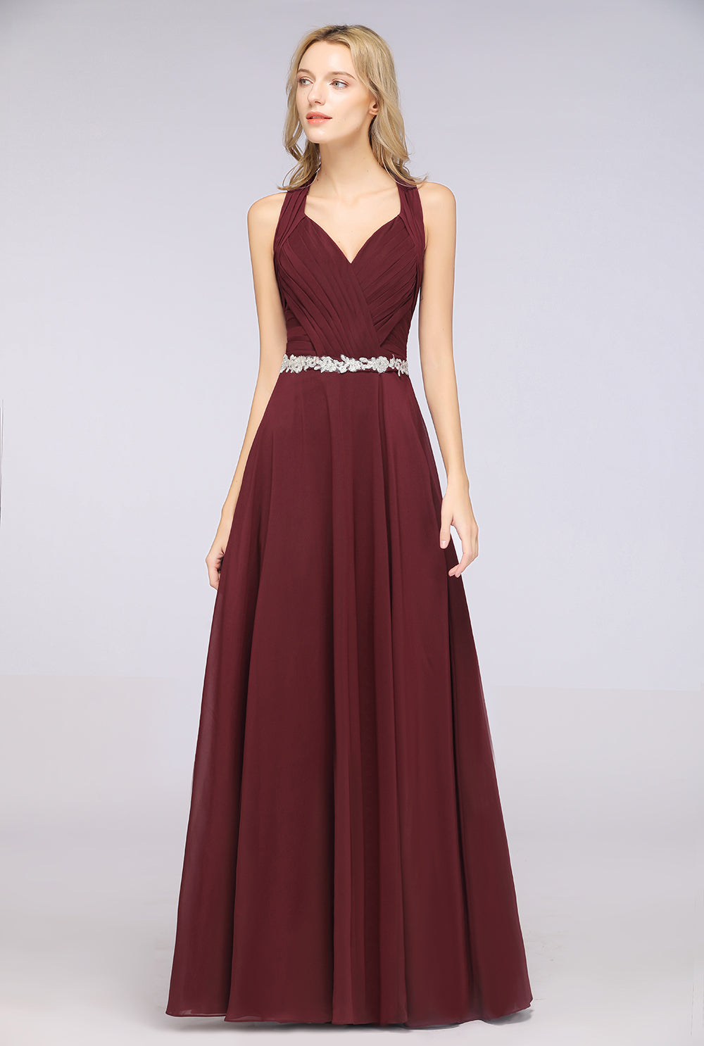 Elegant Chiffon Halter V-Neck Ruffle Bridesmaid Dress with Appliques Sashes-Babyonlines