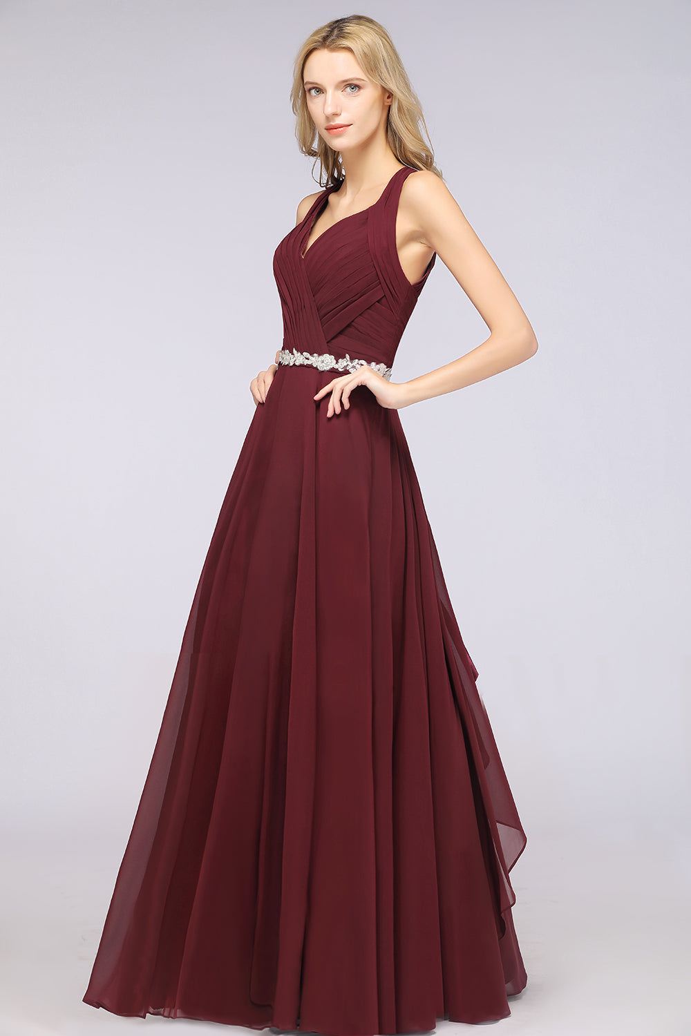 Elegant Chiffon Halter V-Neck Ruffle Bridesmaid Dress with Appliques Sashes-Babyonlines