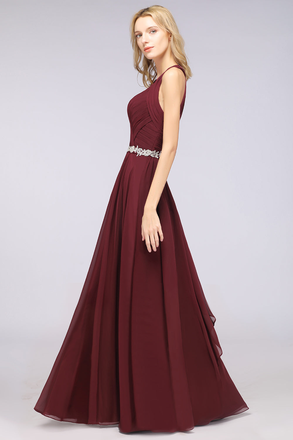 Elegant Chiffon Halter V-Neck Ruffle Bridesmaid Dress with Appliques Sashes-Babyonlines