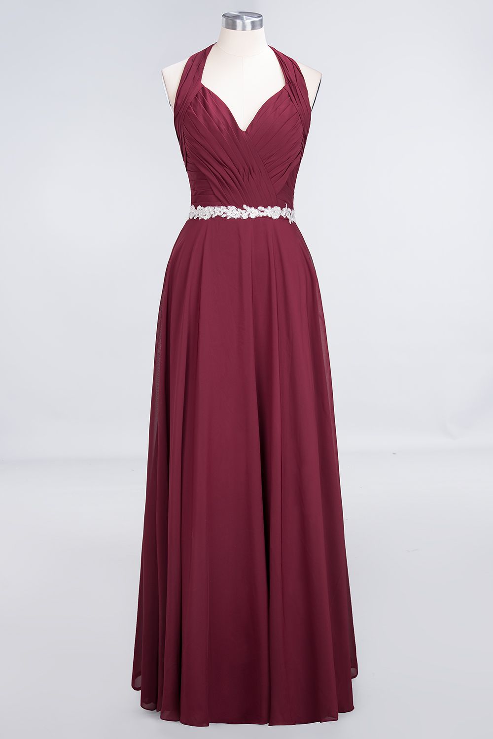 Elegant Chiffon Halter V-Neck Ruffle Bridesmaid Dress with Appliques Sashes-Babyonlines