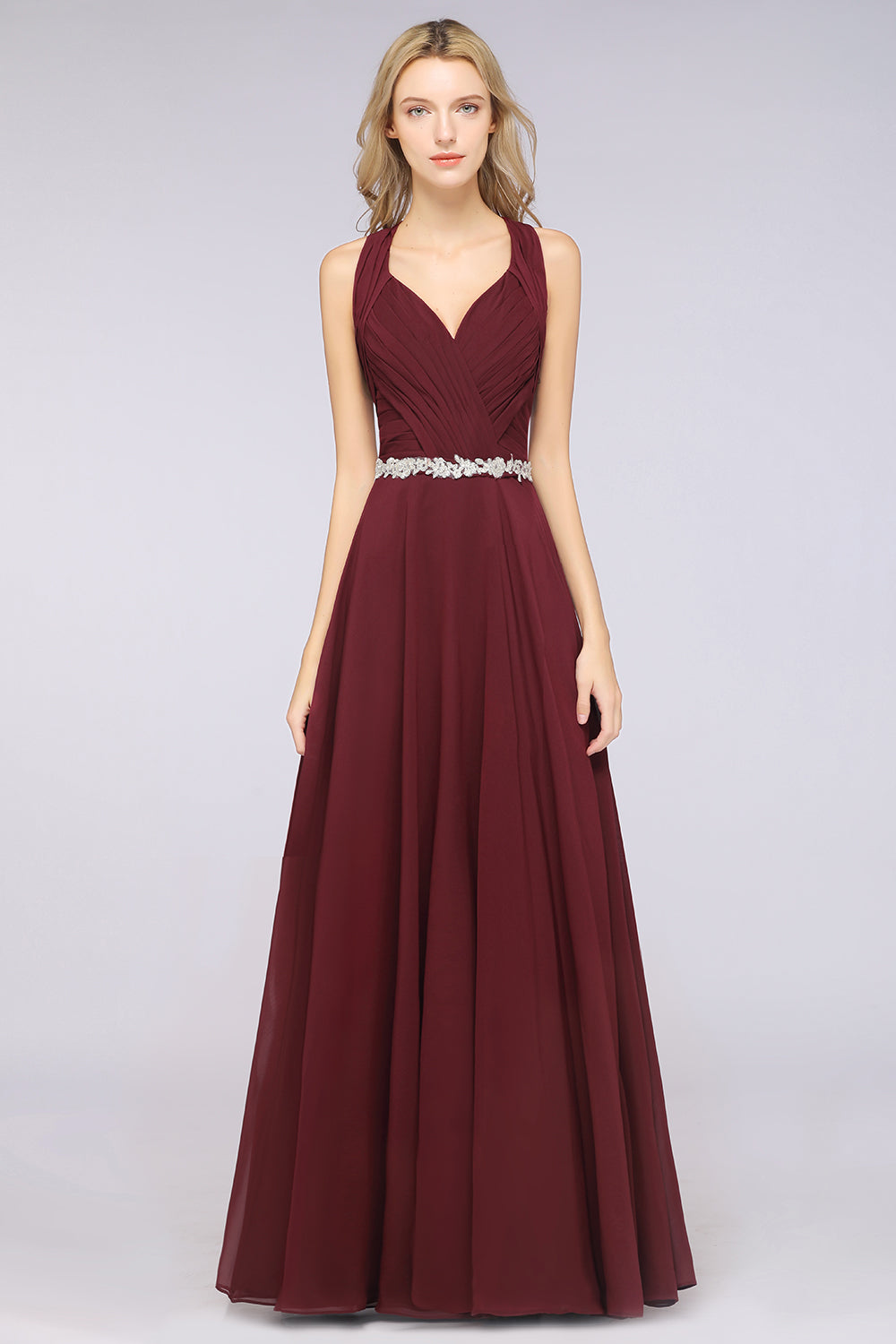 Elegant Chiffon Halter V-Neck Ruffle Bridesmaid Dress with Appliques Sashes-Babyonlines