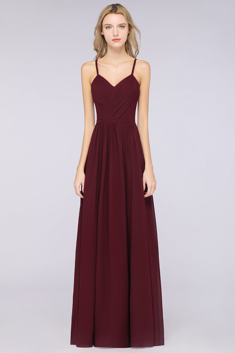 Elegant Chiffon V-Neck Burgundy Bridesmaid Dresses With Spaghetti-Straps-Babyonlines