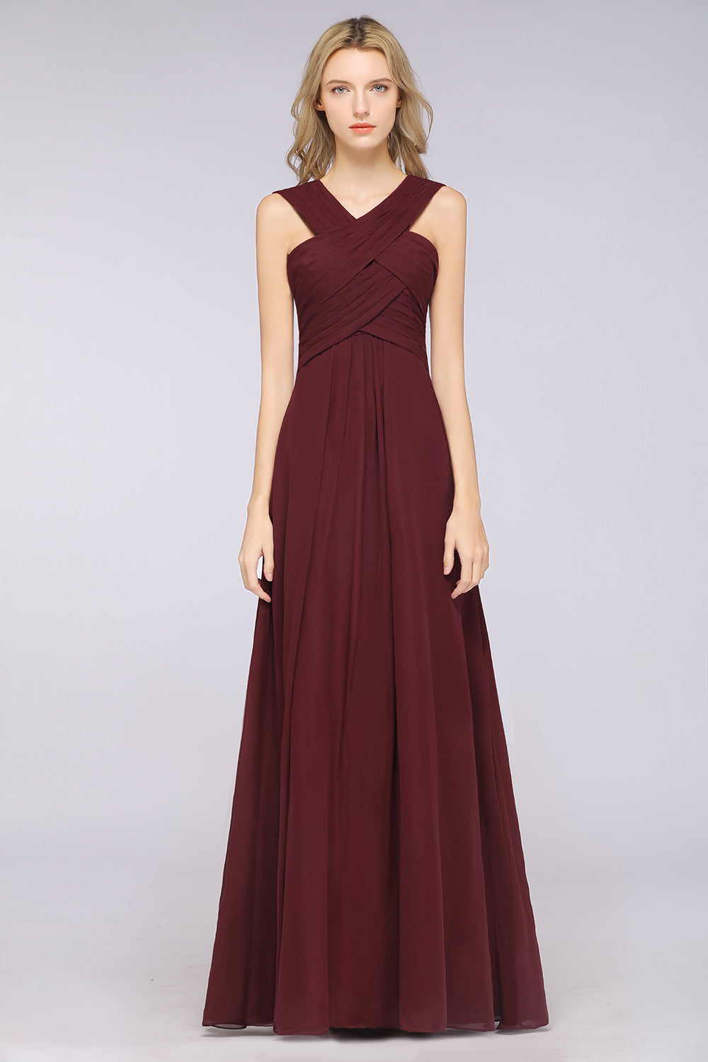 Elegant Chiffon V-Neck Straps Crisscross Burgundy Bridesmaid Dress with Ruffle-Babyonlines