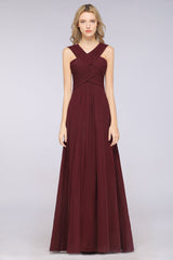 Elegant Chiffon V-Neck Straps Crisscross Burgundy Bridesmaid Dress with Ruffle-Babyonlines