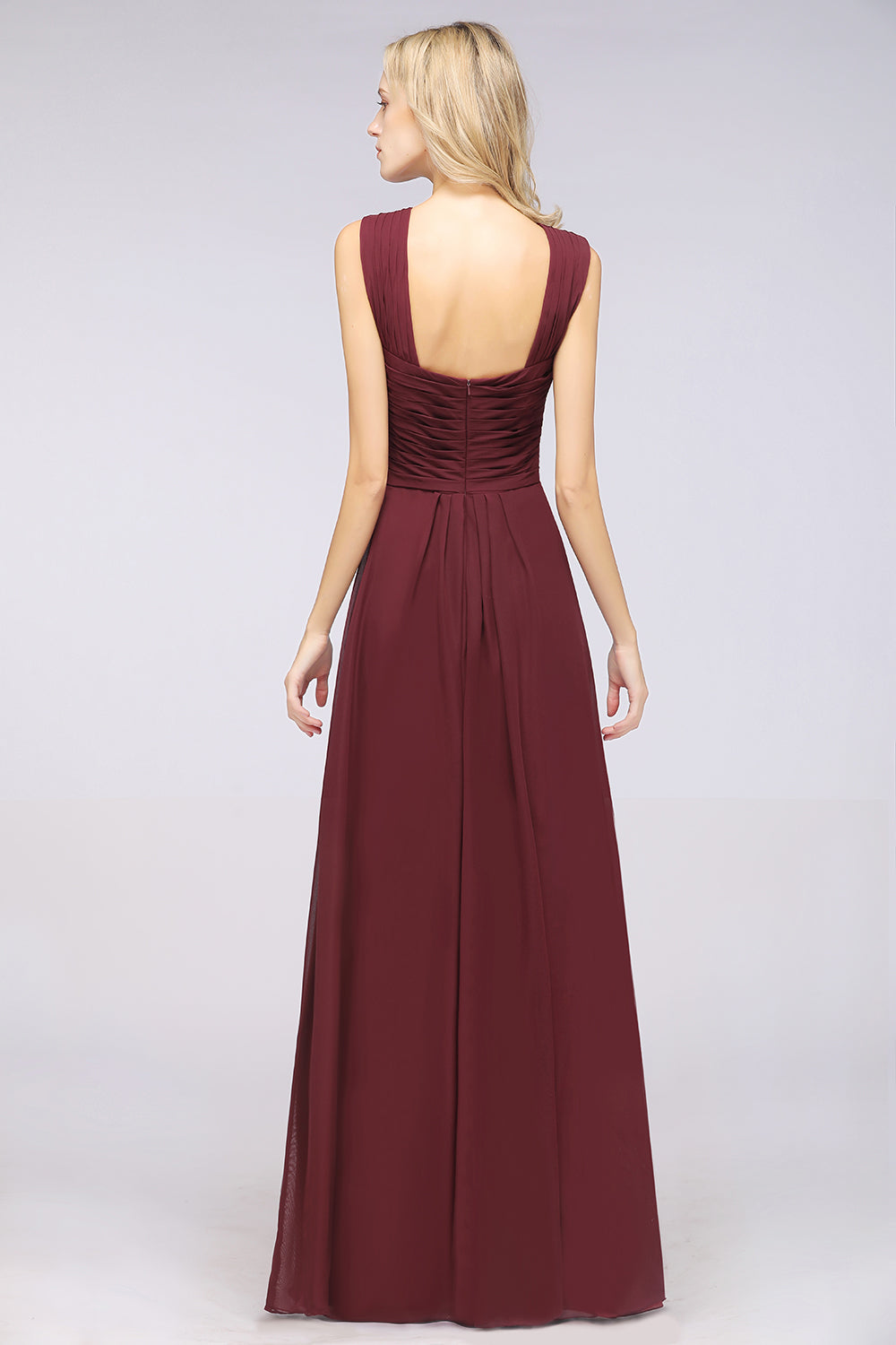 Elegant Chiffon V-Neck Straps Crisscross Burgundy Bridesmaid Dress with Ruffle-Babyonlines