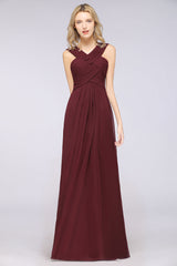 Elegant Chiffon V-Neck Straps Crisscross Burgundy Bridesmaid Dress with Ruffle-Babyonlines