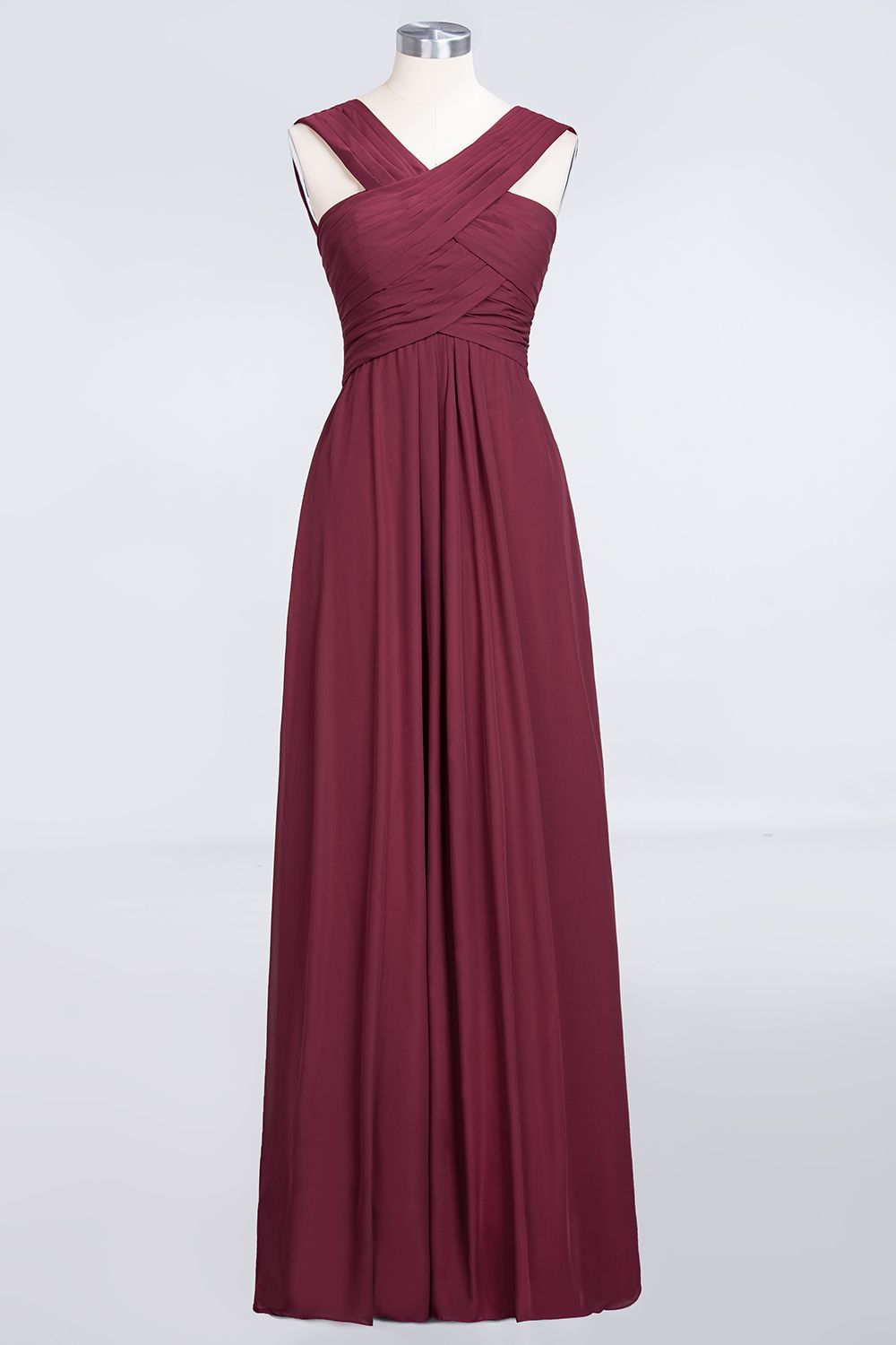 Elegant Chiffon V-Neck Straps Crisscross Burgundy Bridesmaid Dress with Ruffle-Babyonlines