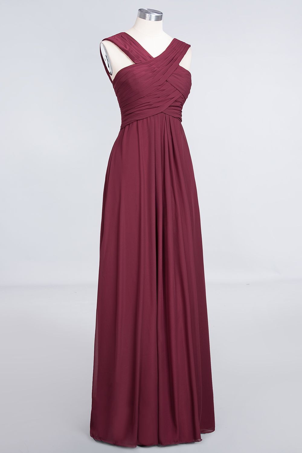 Elegant Chiffon V-Neck Straps Crisscross Burgundy Bridesmaid Dress with Ruffle-Babyonlines