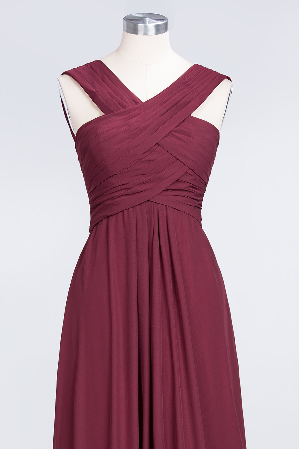 Elegant Chiffon V-Neck Straps Crisscross Burgundy Bridesmaid Dress with Ruffle-Babyonlines