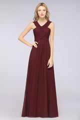 Elegant Chiffon V-Neck Straps Crisscross Burgundy Bridesmaid Dress with Ruffle-Babyonlines