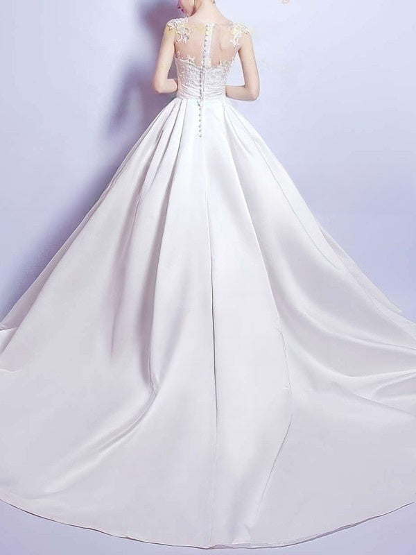 Elegant Court Train Wedding Dress with Pockets - Ball Gown Illusion Satin