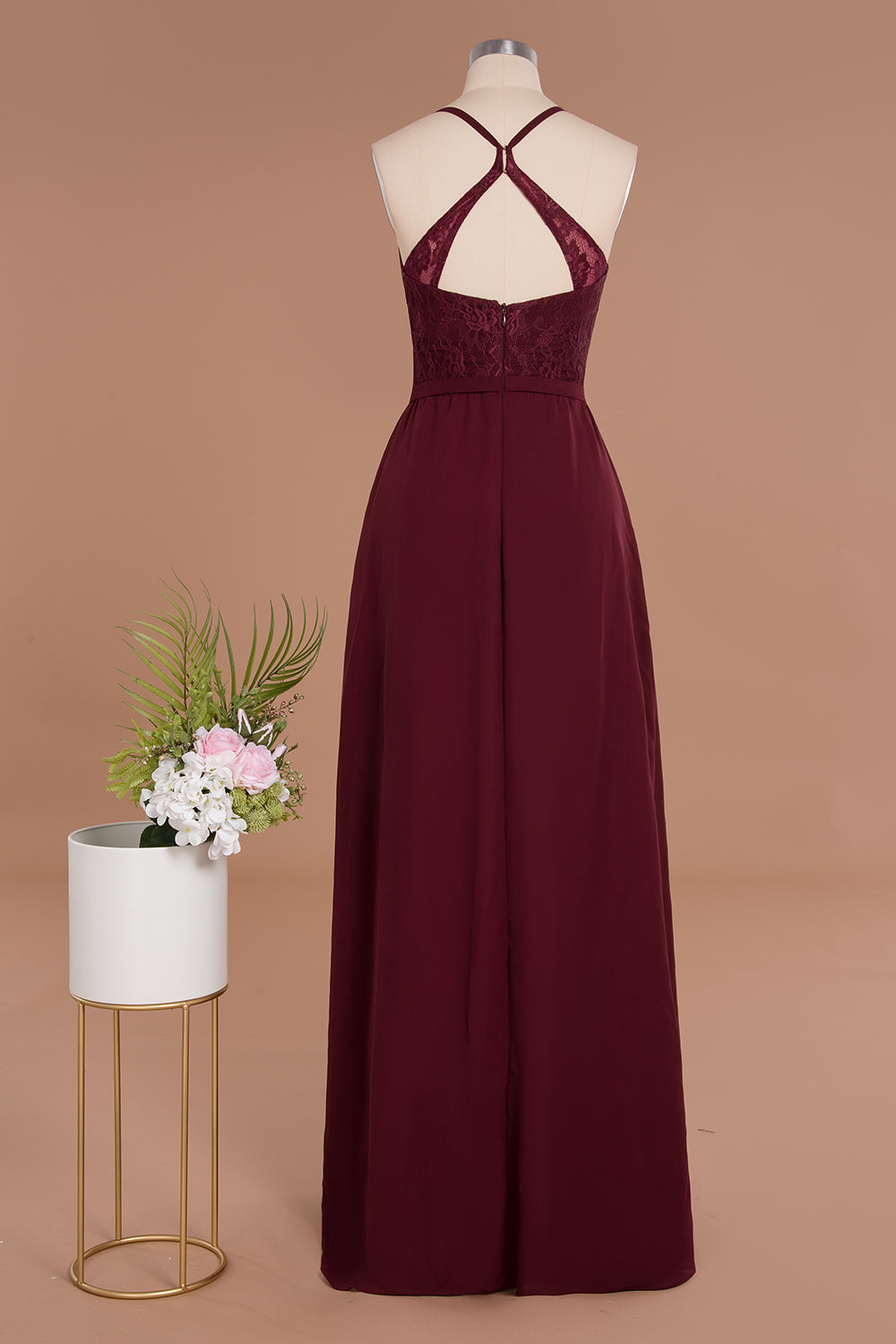 Elegant CrissCross Back Burgundy Lace Bridesmaid Dress With Spaghetti Straps-Babyonlines