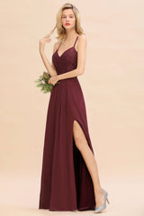 Elegant CrissCross Back Burgundy Lace Bridesmaid Dress With Spaghetti Straps-Babyonlines