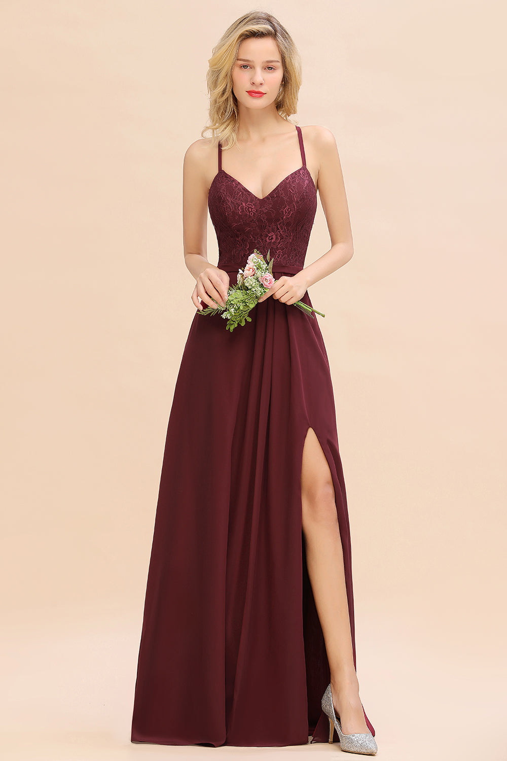 Elegant CrissCross Back Burgundy Lace Bridesmaid Dress With Spaghetti Straps-Babyonlines