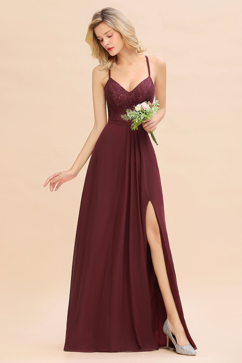 Elegant CrissCross Back Burgundy Lace Bridesmaid Dress With Spaghetti Straps-Babyonlines