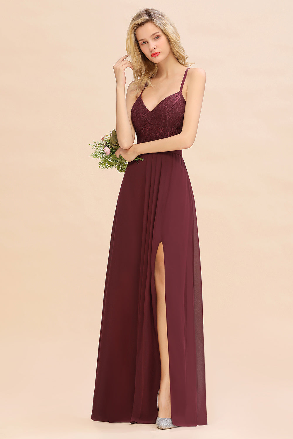 Elegant CrissCross Back Burgundy Lace Bridesmaid Dress With Spaghetti Straps-Babyonlines