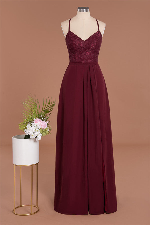 Elegant CrissCross Back Burgundy Lace Bridesmaid Dress With Spaghetti Straps-Babyonlines