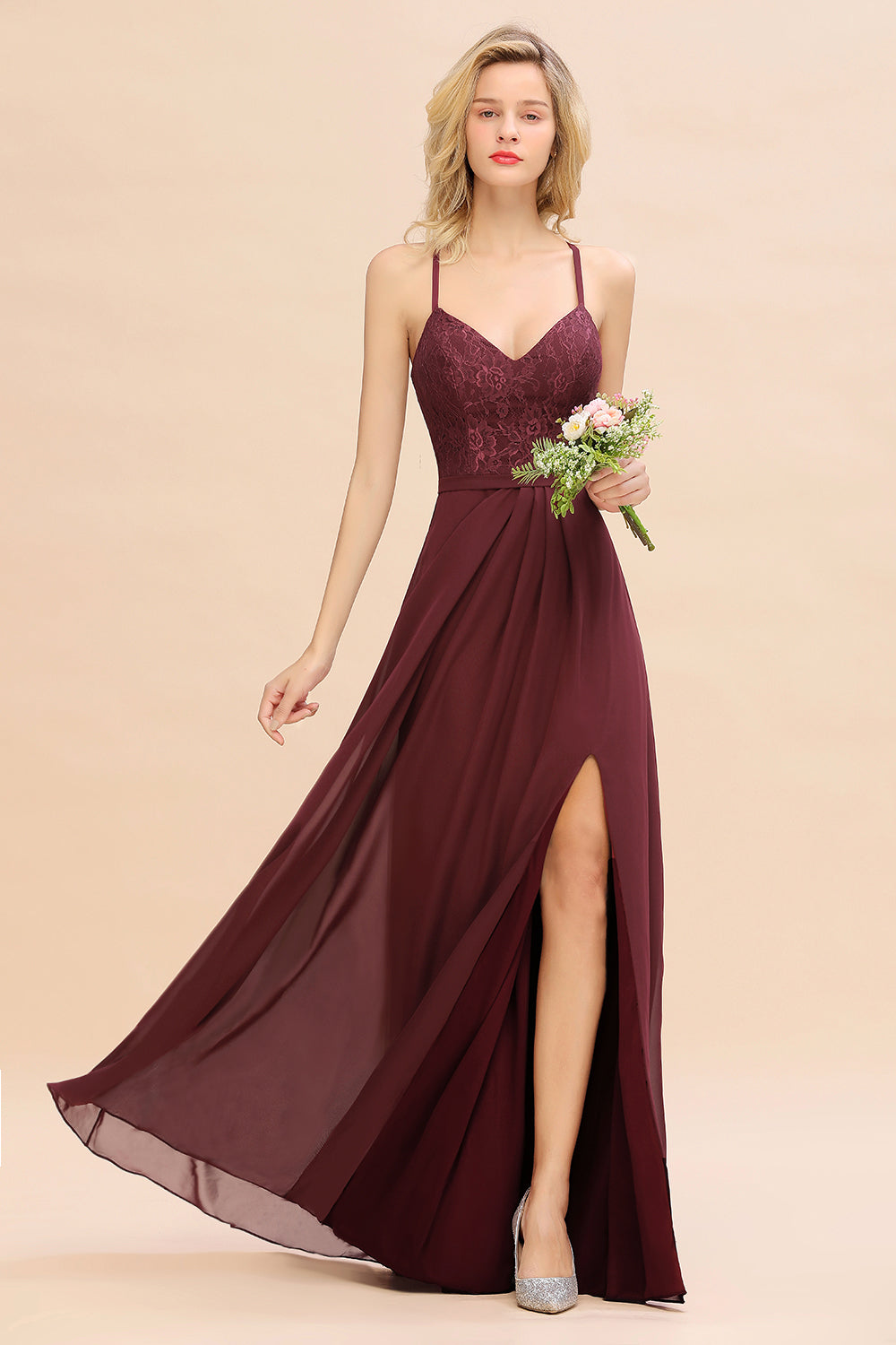 Elegant CrissCross Back Burgundy Lace Bridesmaid Dress With Spaghetti Straps-Babyonlines