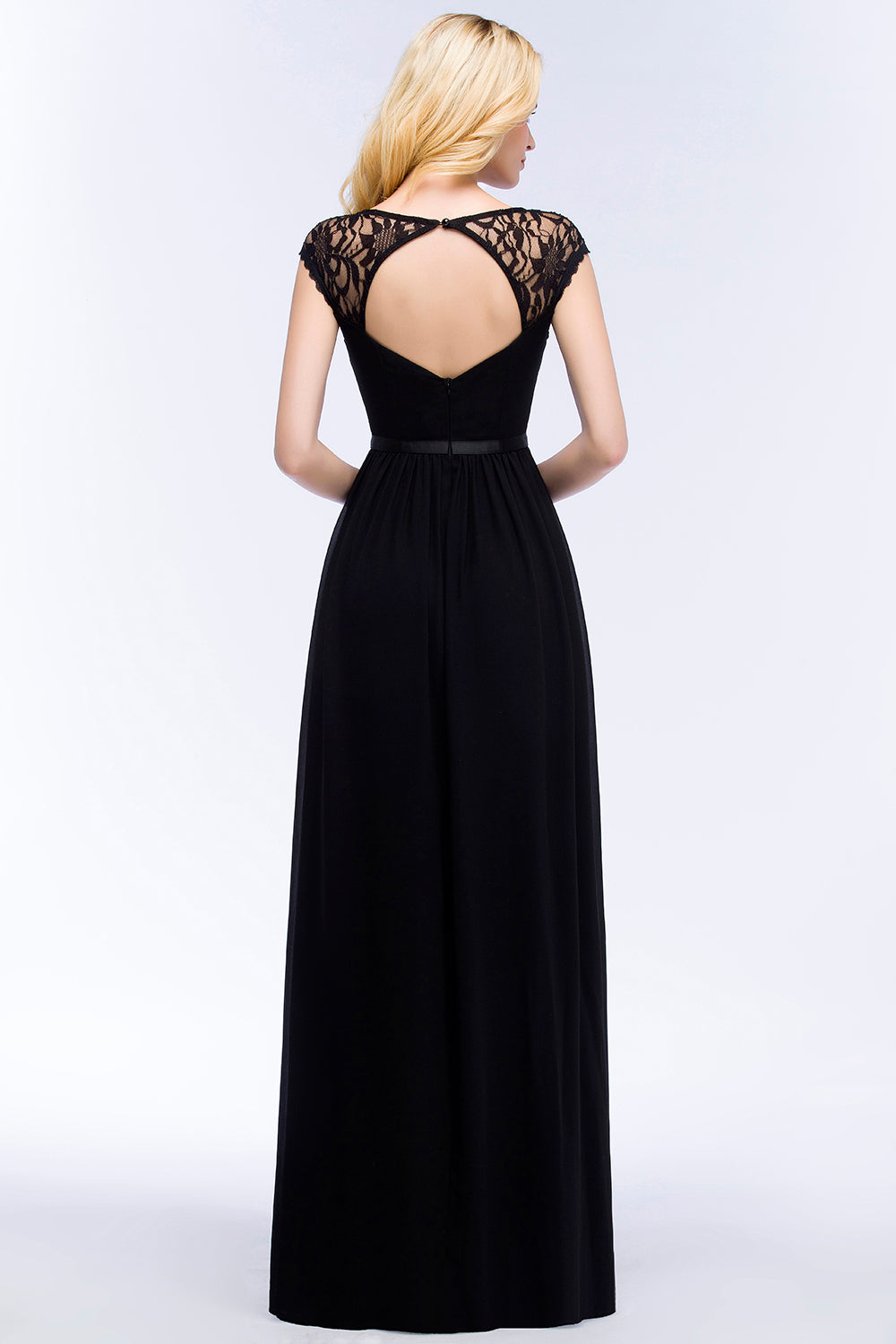 Elegant Lace Black V-Neck Sleeveless Bridesmaid Dress with Hollowout Back-Babyonlines