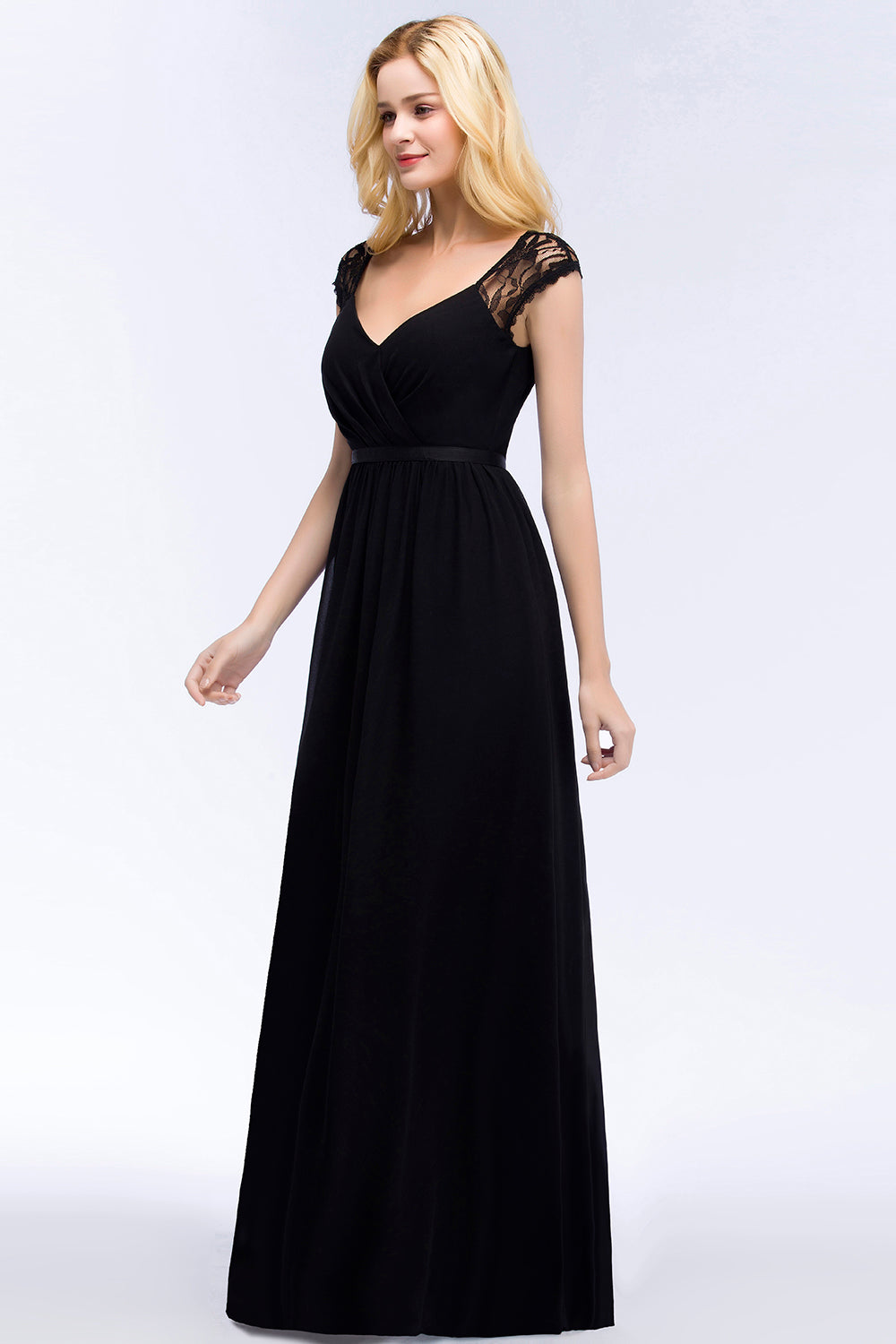 Elegant Lace Black V-Neck Sleeveless Bridesmaid Dress with Hollowout Back-Babyonlines