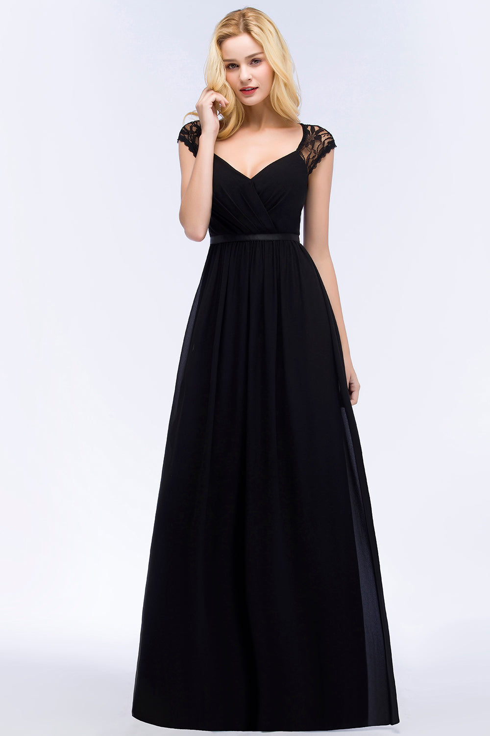 Elegant Lace Black V-Neck Sleeveless Bridesmaid Dress with Hollowout Back-Babyonlines