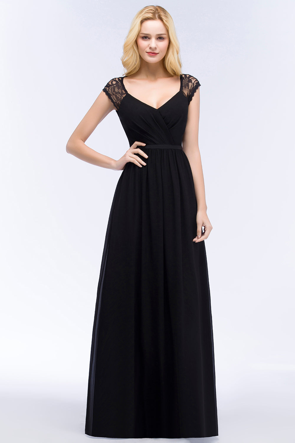 Elegant Lace Black V-Neck Sleeveless Bridesmaid Dress with Hollowout Back-Babyonlines