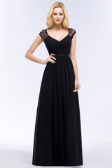 Elegant Lace Black V-Neck Sleeveless Bridesmaid Dress with Hollowout Back-Babyonlines