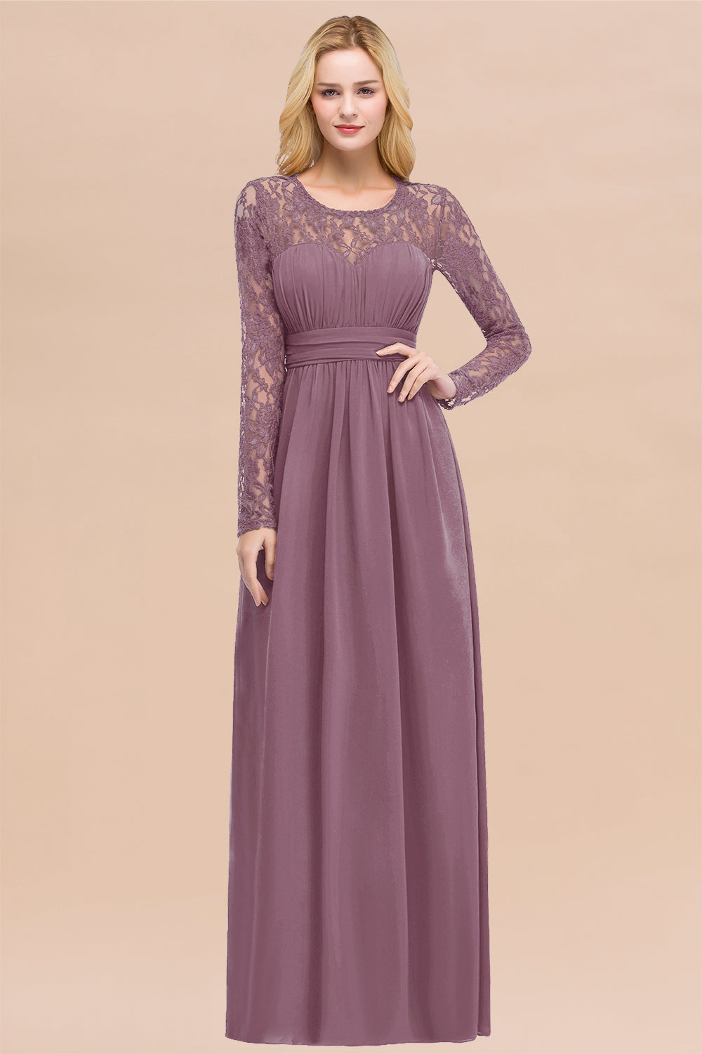 Elegant Lace Burgundy Bridesmaid Dresses Online with Long Sleeves-Babyonlines