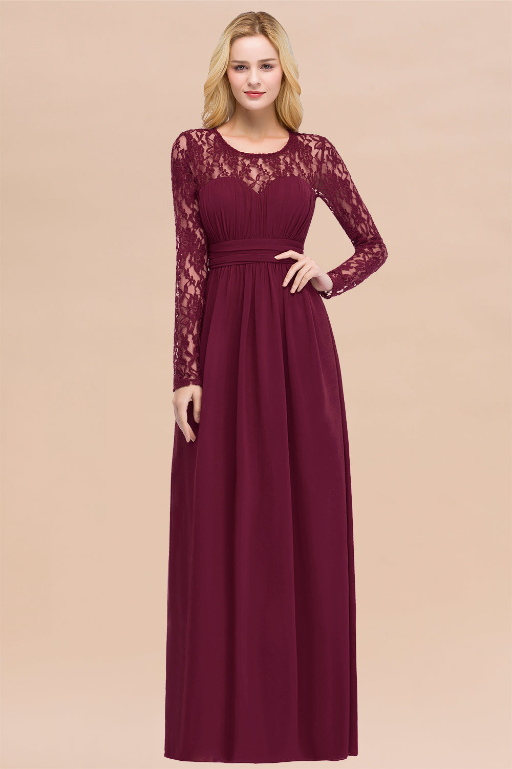 Elegant Lace Burgundy Bridesmaid Dresses Online with Long Sleeves-Babyonlines