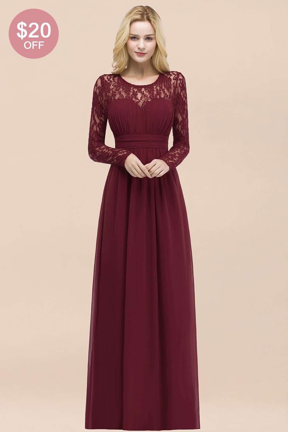 Elegant Lace Burgundy Bridesmaid Dresses Online with Long Sleeves-Babyonlines