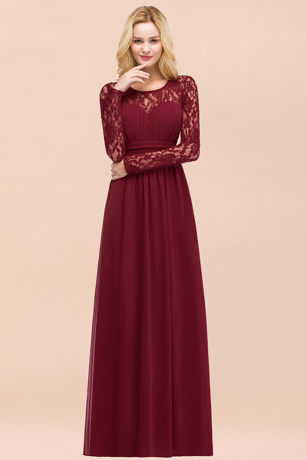 Elegant Lace Burgundy Bridesmaid Dresses Online with Long Sleeves-Babyonlines