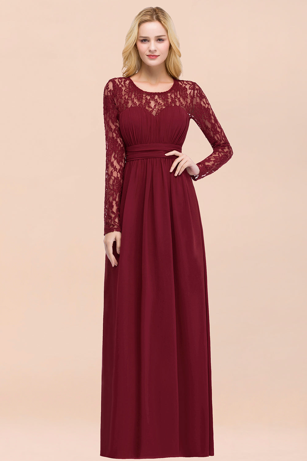 Elegant Lace Burgundy Bridesmaid Dresses Online with Long Sleeves-Babyonlines