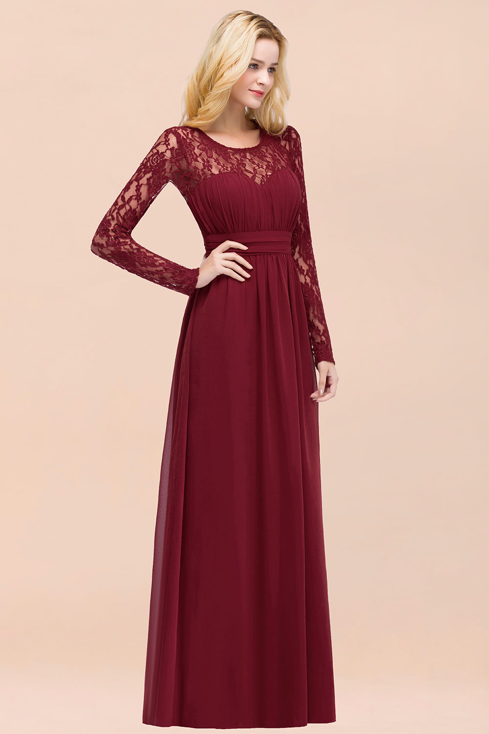 Elegant Lace Burgundy Bridesmaid Dresses Online with Long Sleeves-Babyonlines