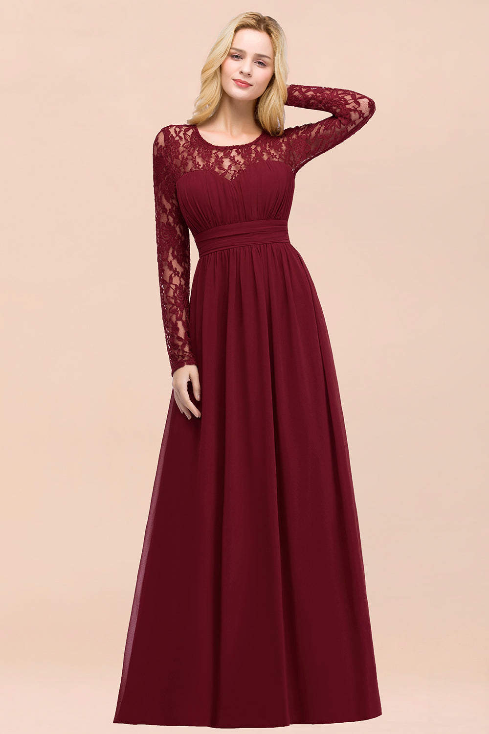 Elegant Lace Burgundy Bridesmaid Dresses Online with Long Sleeves-Babyonlines