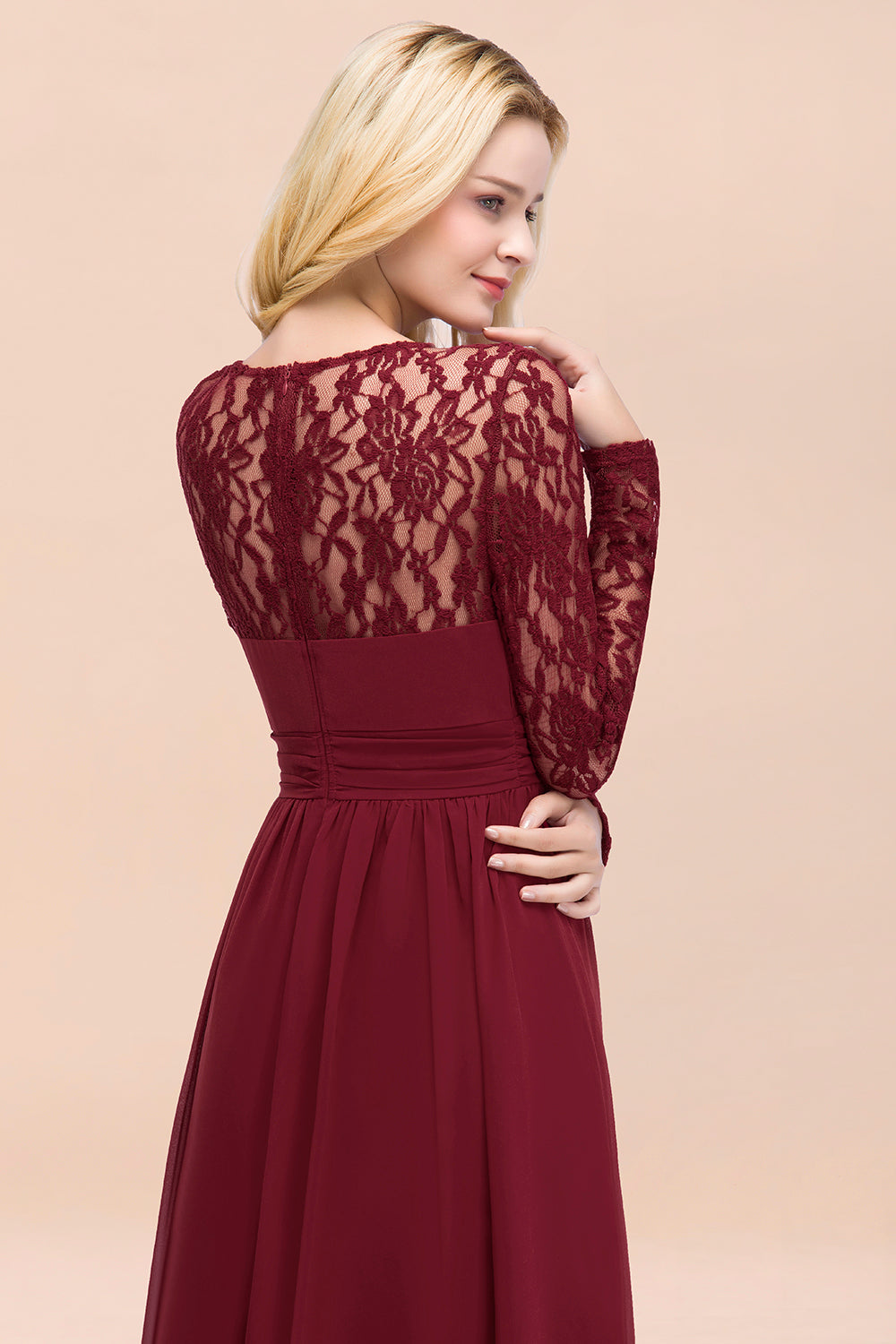 Elegant Lace Burgundy Bridesmaid Dresses Online with Long Sleeves-Babyonlines