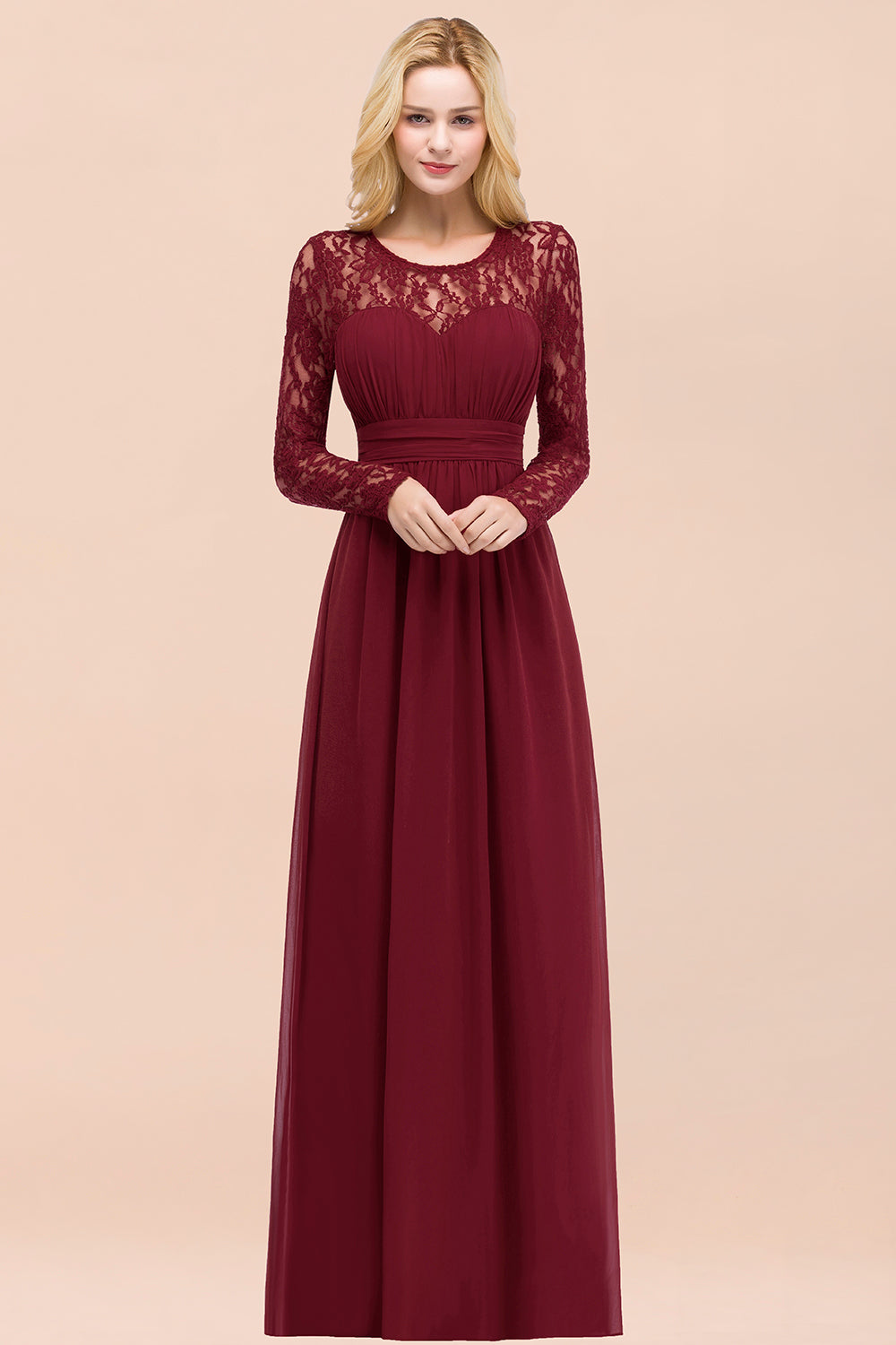 Elegant Lace Burgundy Bridesmaid Dresses Online with Long Sleeves-Babyonlines