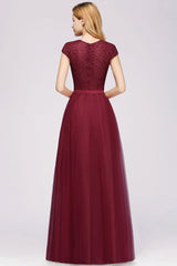 Elegant Lace Cap-Sleeves Long Burgundy Birdesmaid Dresses Online-Babyonlines