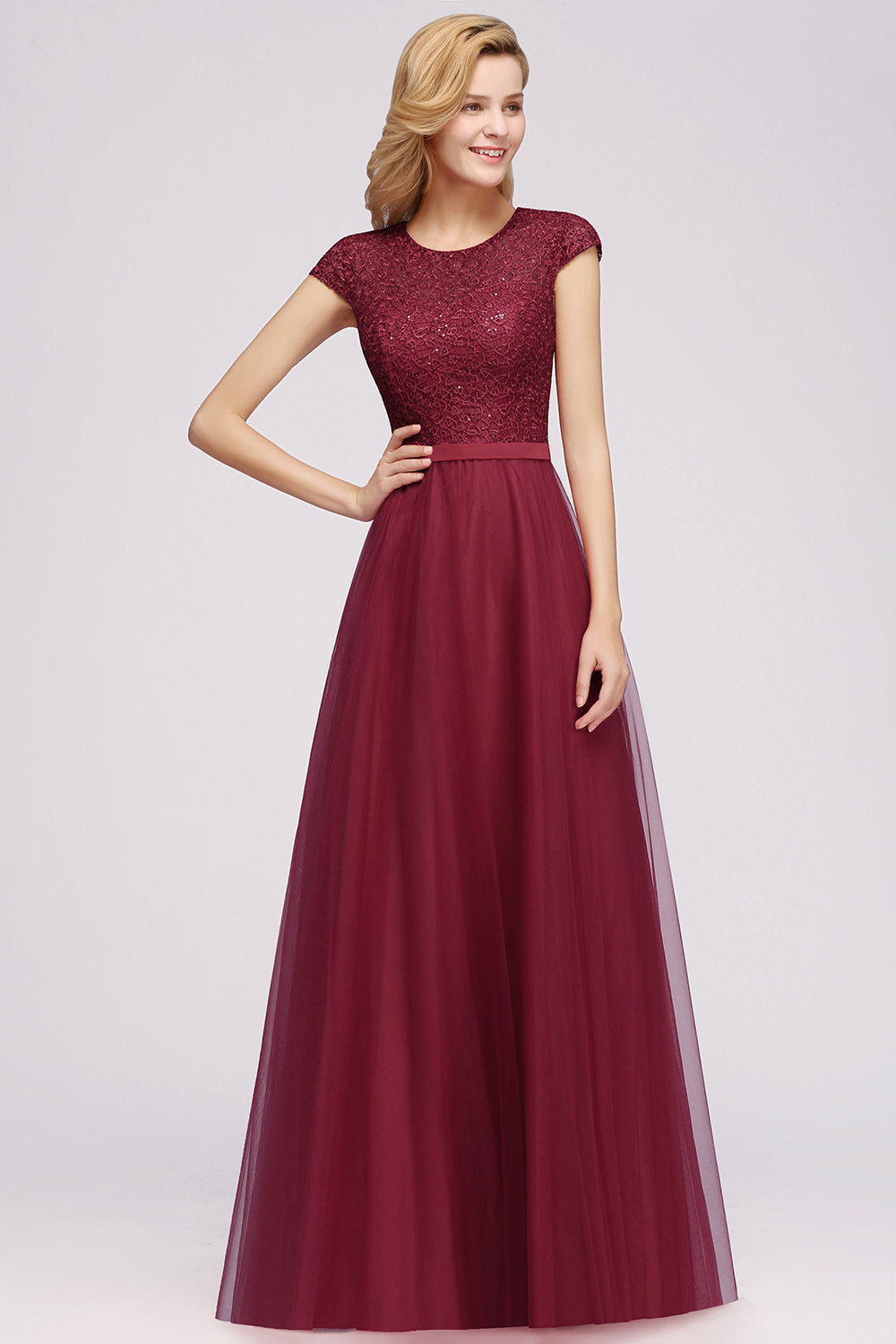 Elegant Lace Cap-Sleeves Long Burgundy Birdesmaid Dresses Online-Babyonlines