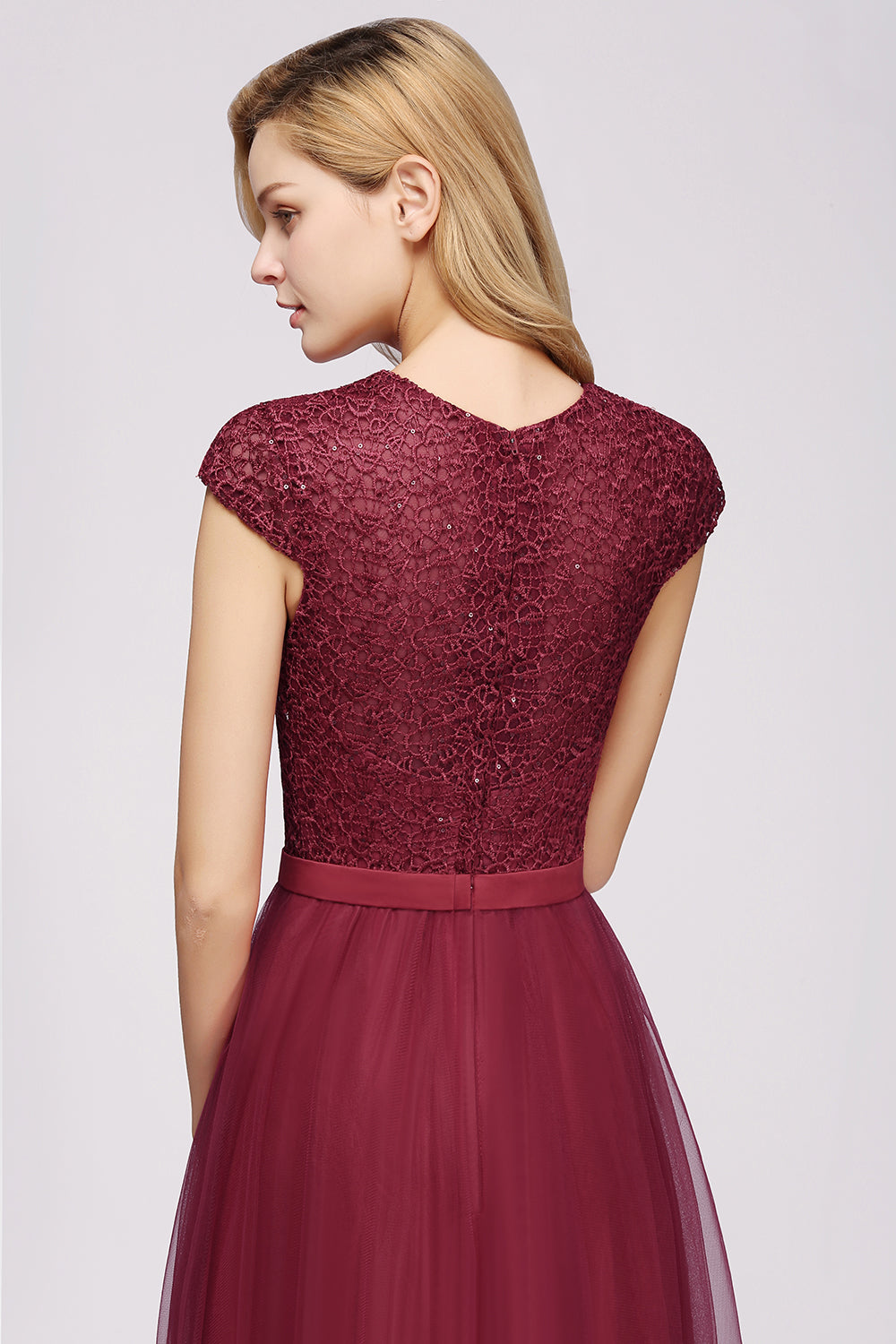 Elegant Lace Cap-Sleeves Long Burgundy Birdesmaid Dresses Online-Babyonlines