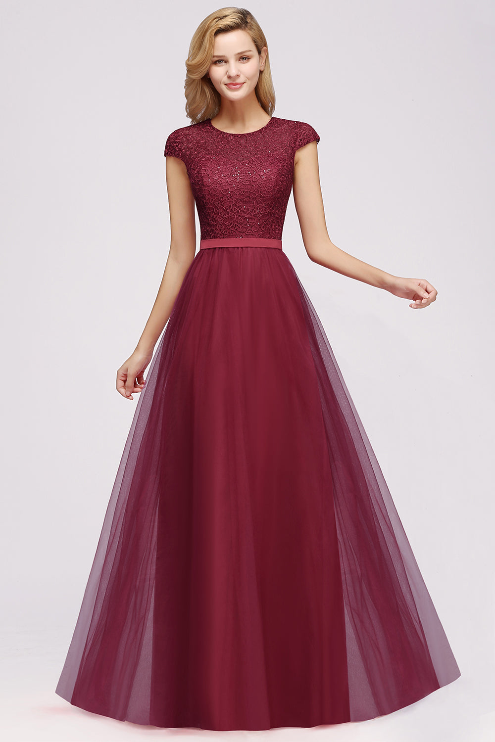 Elegant Lace Cap-Sleeves Long Burgundy Birdesmaid Dresses Online-Babyonlines