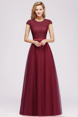 Elegant Lace Cap-Sleeves Long Burgundy Birdesmaid Dresses Online-Babyonlines