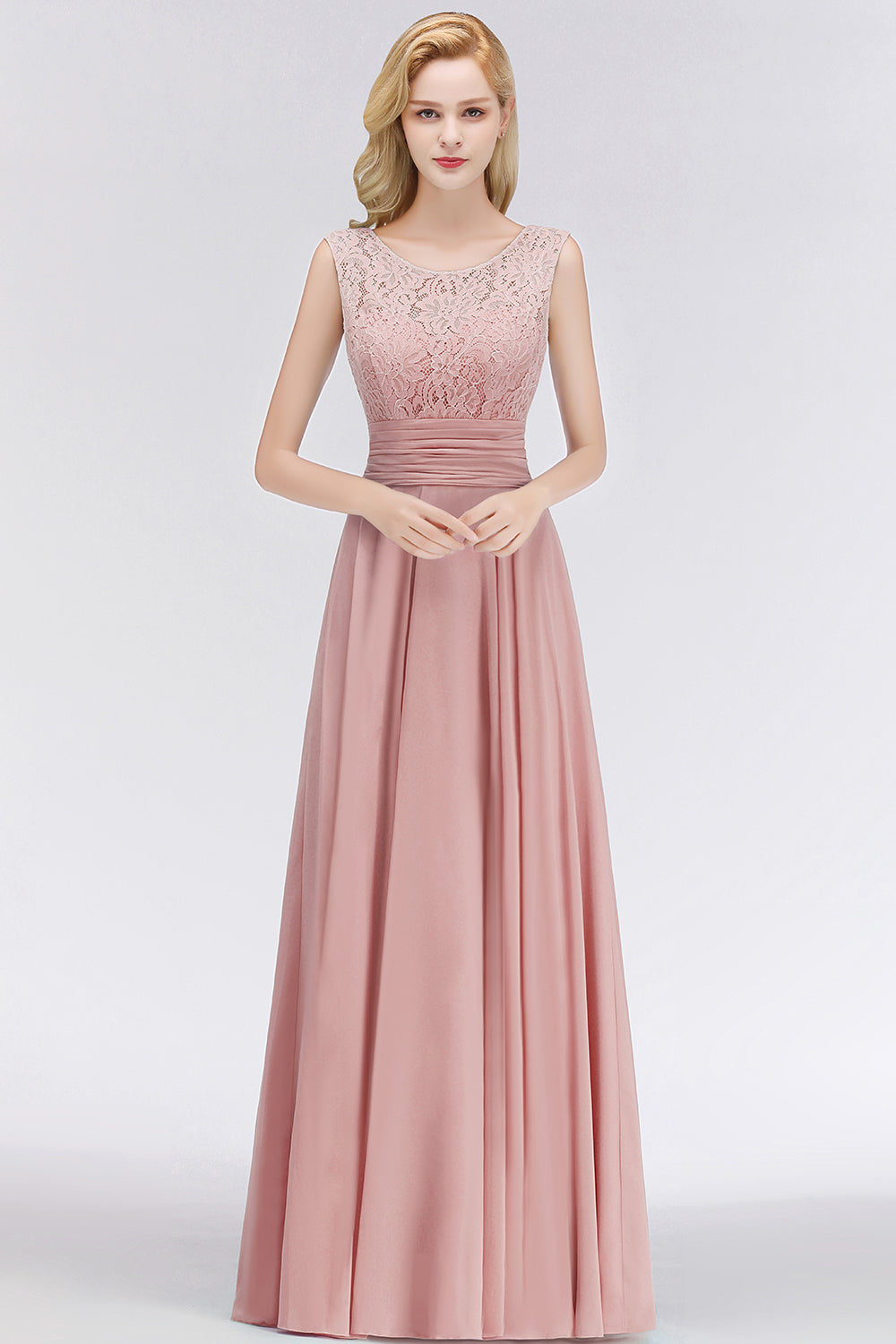 Elegant Lace Jewel Sleeveless Dusty Rose Bridesmaid Dress Online-Babyonlines