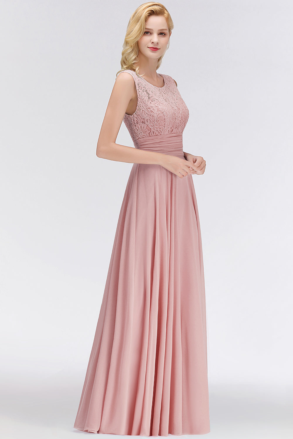 Elegant Lace Jewel Sleeveless Dusty Rose Bridesmaid Dress Online-Babyonlines