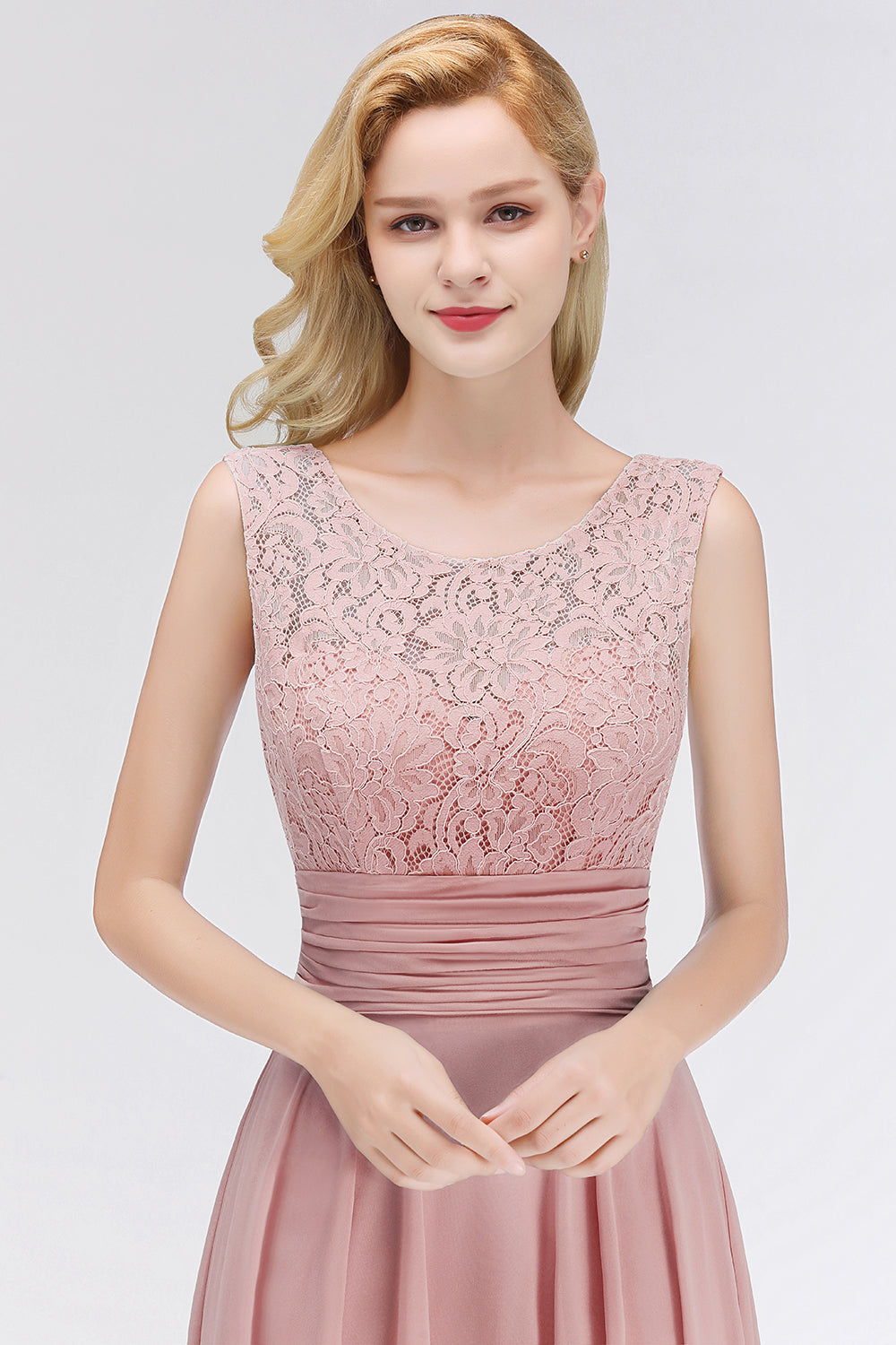 Elegant Lace Jewel Sleeveless Dusty Rose Bridesmaid Dress Online-Babyonlines