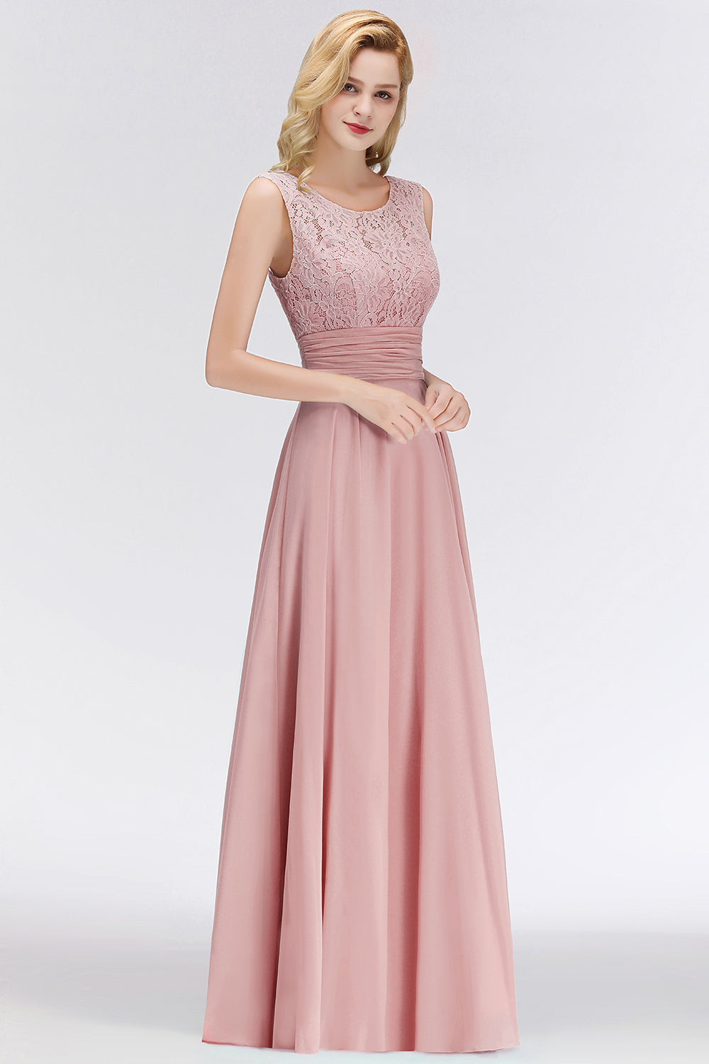 Elegant Lace Jewel Sleeveless Dusty Rose Bridesmaid Dress Online-Babyonlines