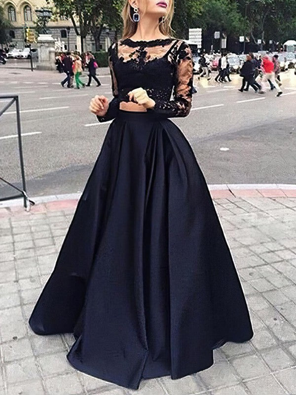 Elegant Lace Satin Appliques Princess Ball Gown Prom Dress