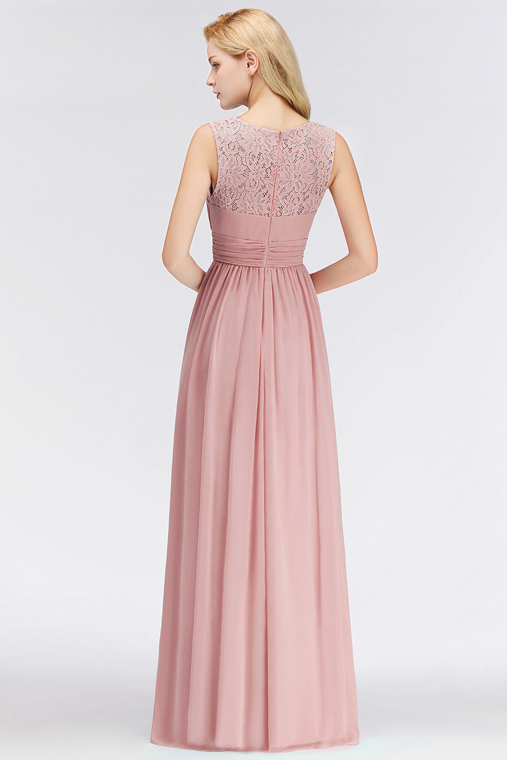 Elegant Lace Scoop Bridesmaid Dress Dusty Rose Chiffon Sleeveless Wedding party Dress-Babyonlines