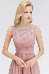 Elegant Lace Scoop Bridesmaid Dress Dusty Rose Chiffon Sleeveless Wedding party Dress-Babyonlines