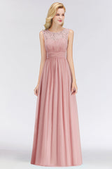 Elegant Lace Scoop Bridesmaid Dress Dusty Rose Chiffon Sleeveless Wedding party Dress-Babyonlines